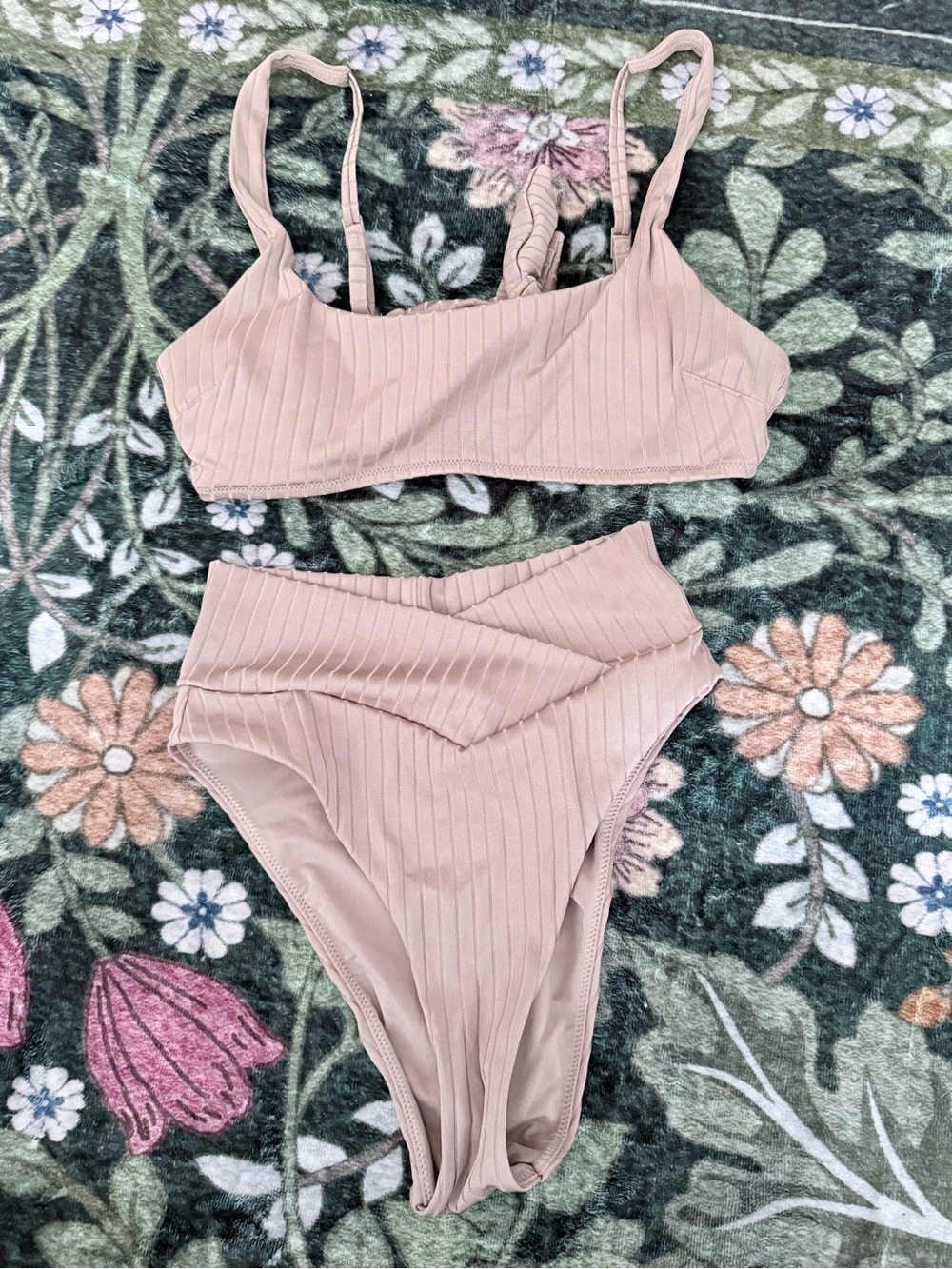 Ribbed High-Waist Aerie Bikini Set in Dusty Pink